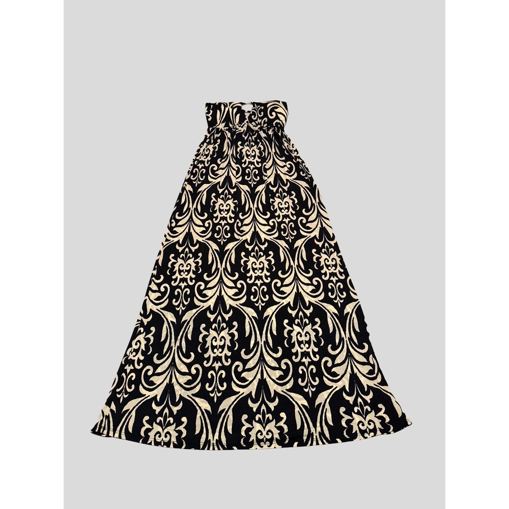 Blue S Strapless Maxi Dress Black Cream Damask Print Keyhole Small